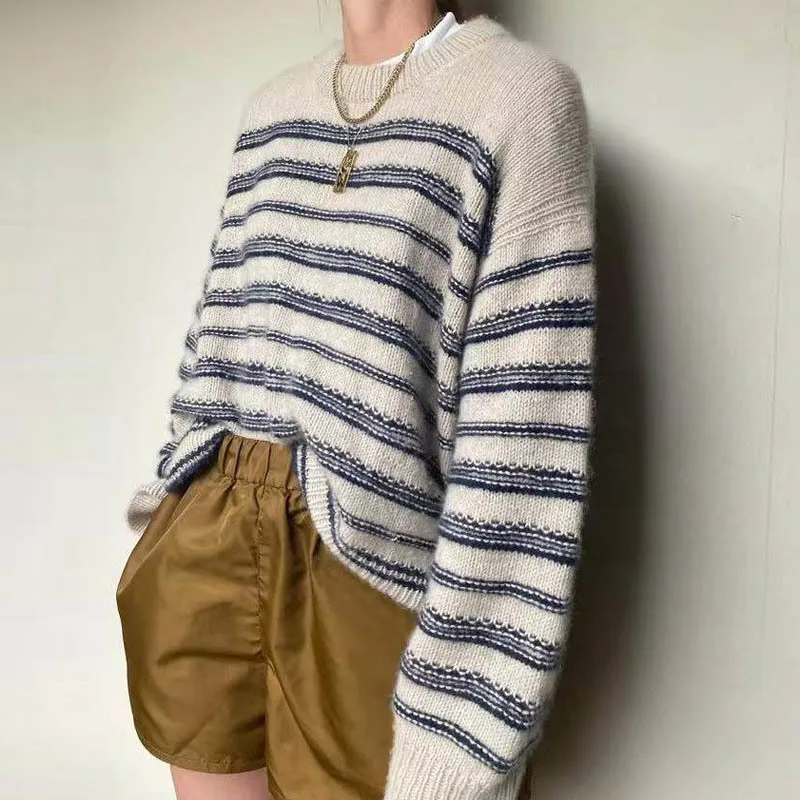 Fluffy Striped Knitted Sweater Women Fashion Casual O Neck Long Sleeve Female Loose Pullovers Autumn Winter Warm Jumper 2022