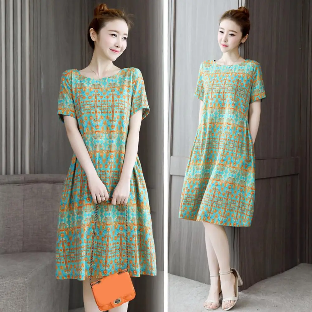 

Stylish Summer Midi Dress Knee Length Women Summer Dress Big Hem Plus Size Mother Dress Dress-up
