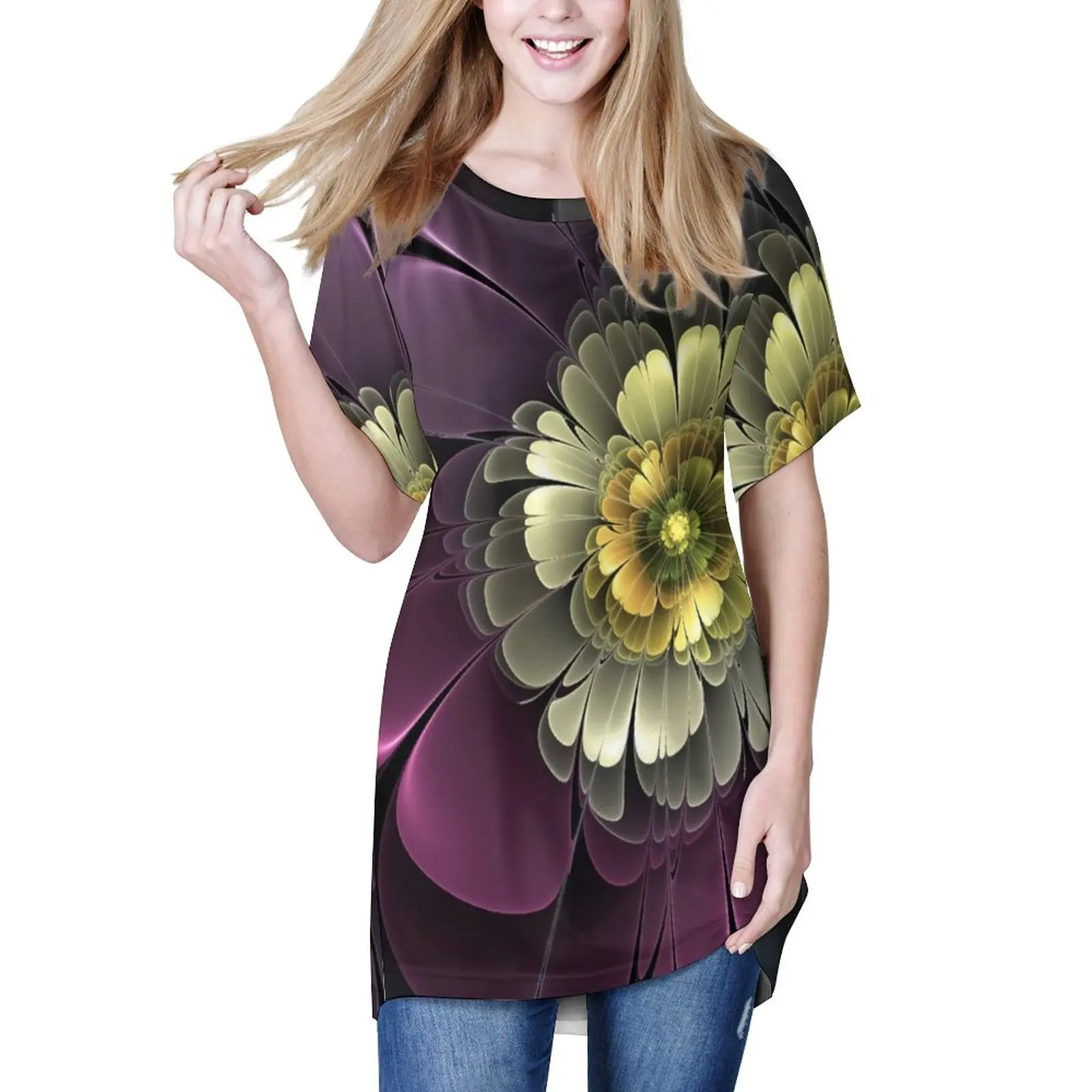 

Свободные футболки с фрактальным цветочным принтом, уличная мода с абстрактным современным искусством, Винтажная Футболка большого размер...