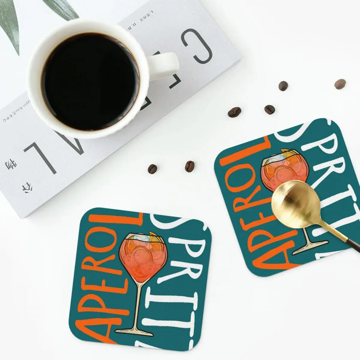 

APEROL SPRITZ Coasters PVC Leather Placemats Non-slip Insulation Coffee Mats for Decor Home Kitchen Dining Pads 4 Shapes