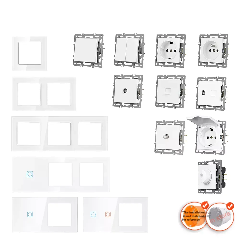 

NEW2023 F6 Series White Crystal Tempered Glass Panel Light switch eu french wall socket usb tv rj45 rj11 Sensor switch Module DI