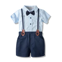 Baby Boys Summer Outfit Cotton Fashion Suit Sky Blue Romper +Navy Shorts + Suspender + Bow Tie 4 PCS Casual Set 0-24 Months