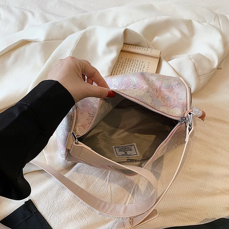 Colorful Printed Retro Bag Women's 3D Flower Pink Cylindrical Crossbody Bag Large Capacity Pillow Bag Fashion Storage Wallet