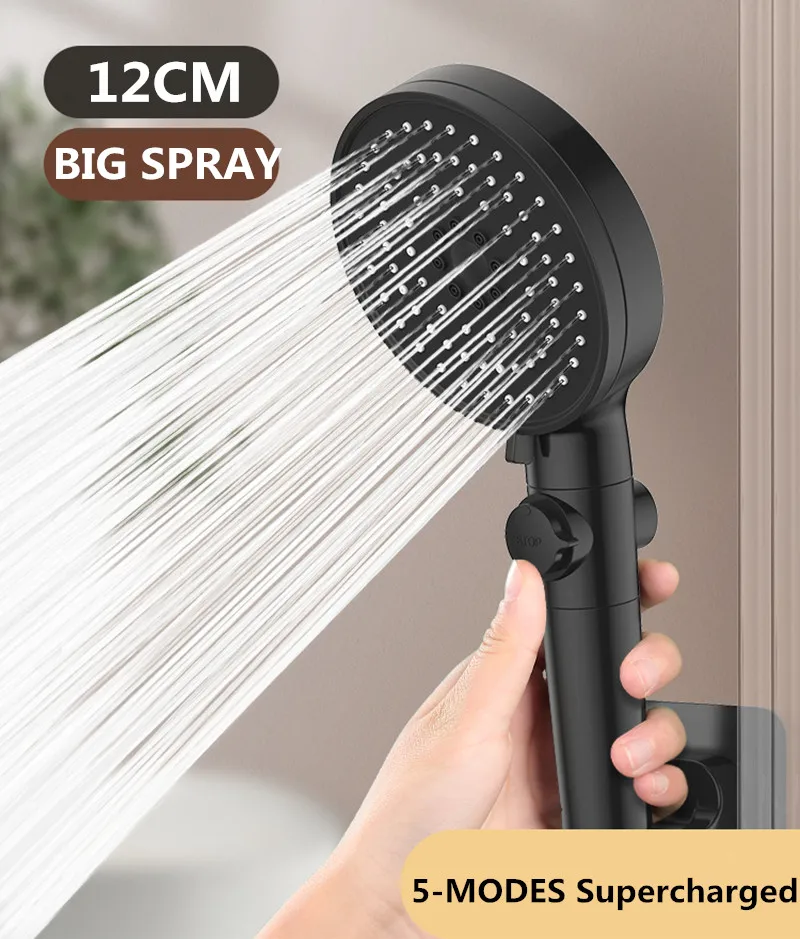 

Black Shower Head 5-Modes Adjustable Supercharged High Pressure Shower One-key Stop Water Massage Eco Shower Bathroom Accessorie