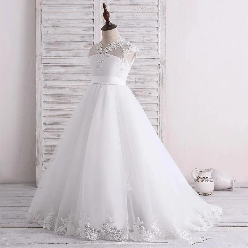 

Официальное платье принцессы с цветочным принтом для девочек, вышитое бисером, с открытой спиной, иллюзионное кружево, без рукавов, Тюлевая ...