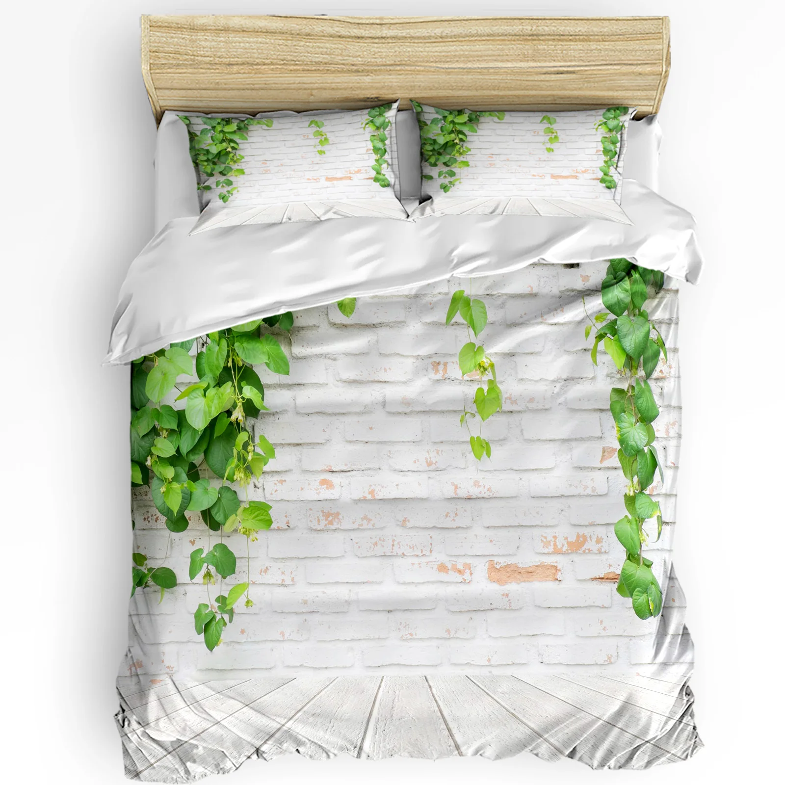 

Green Plants White Masonry Printed Comfort Duvet Cover Pillow Case Home Textile Quilt Cover Boy Kid Teen Girl 3pcs Bedding Set