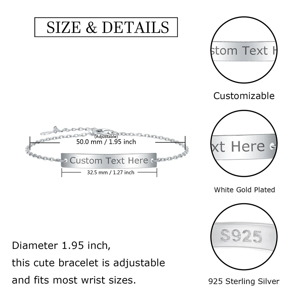 925 Sterling Silver Personalized Custom Engraved Name Delicate Friendship Bracelet, Minimalise Jewelry Gifts for Women Girls