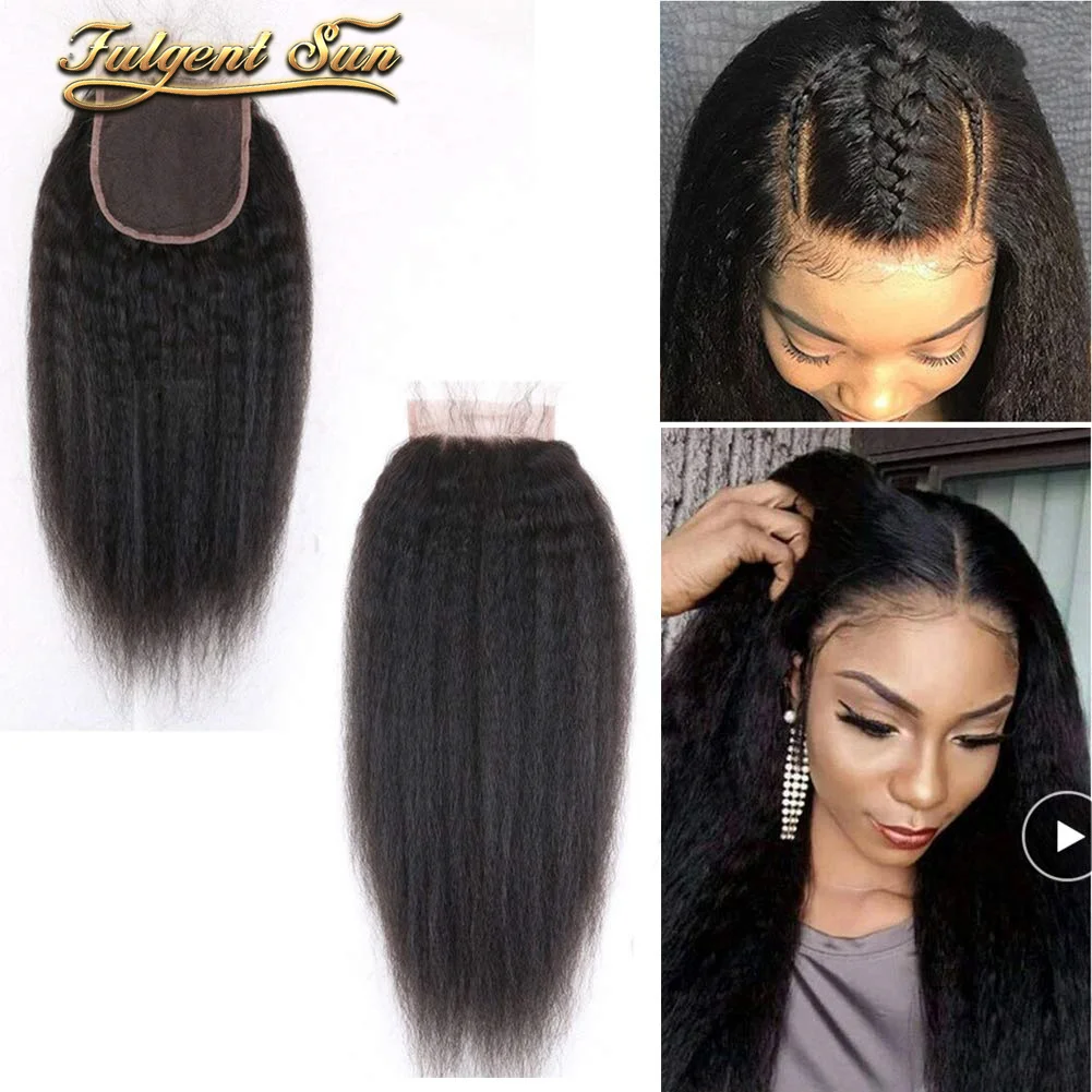 

4x4 Kinky Straight Lace Closure Free Part Swiss Lace Remy 8-22 Inch Peruvian Human Hair Pre Plucked Natural Color
