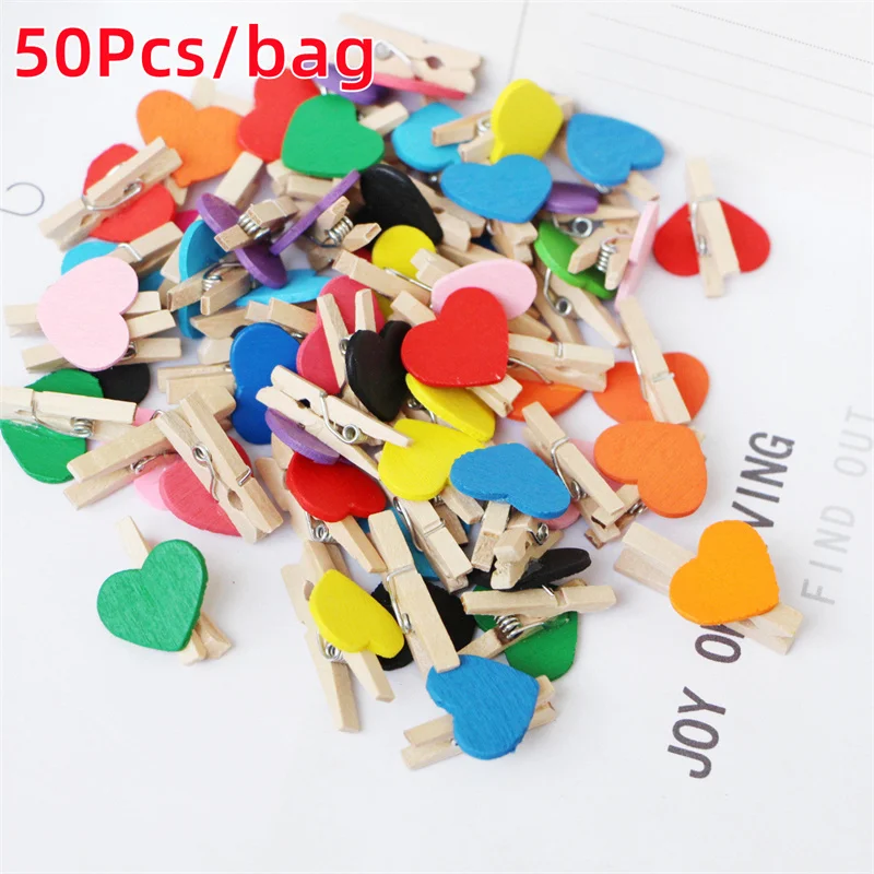 

50Pcs Red Heart Love Wooden Photo Clips Paper Peg Pin Clothes Clips Mini Clothespin Postcard Clips Home Wedding Party Decoration