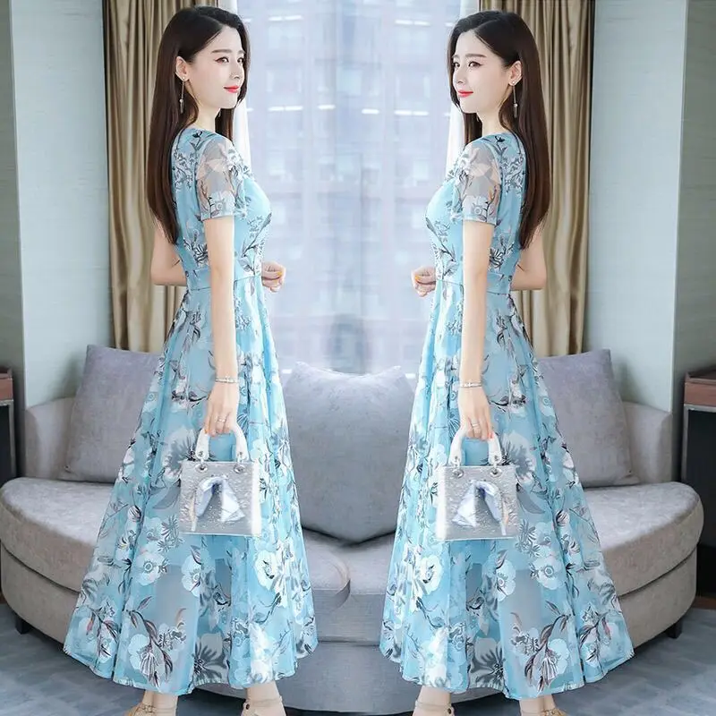 

Women 2022 Summer Fashion Flower Printed Chiffon Dresses Female V-neck Long Vestidos Ladies Size Loose Beach Dress D38