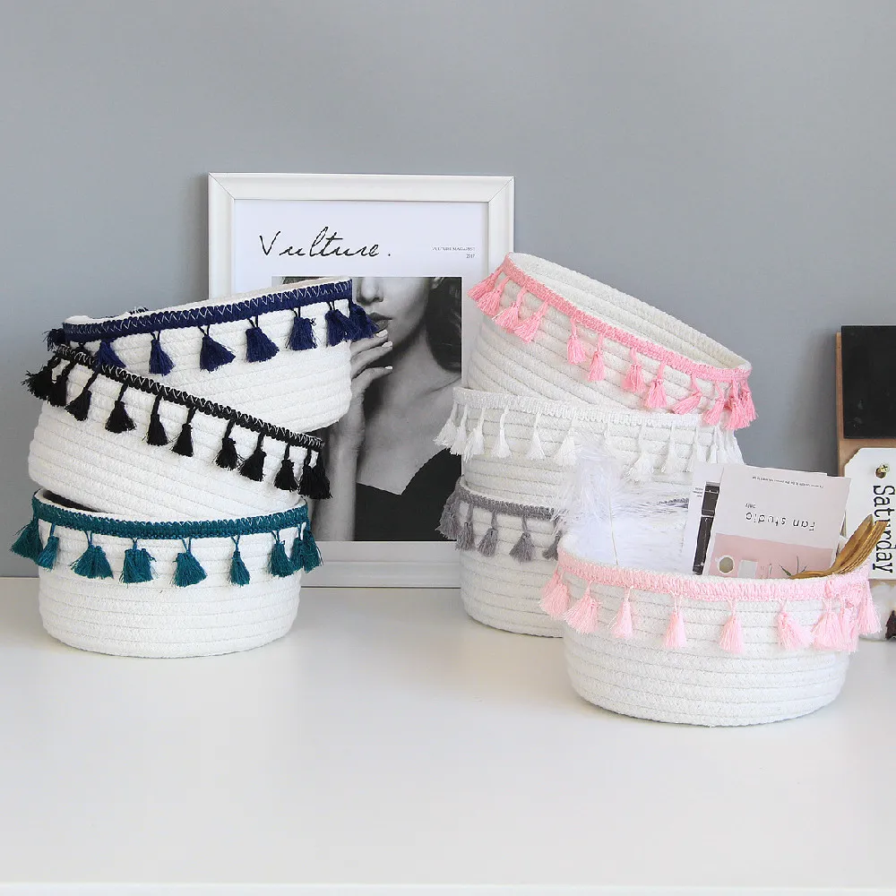 

Tassel Woven Basket Nordic Style Desktop Toy Box Sundries Snack Storage Makeup Box Flower Basket Decoration Closet Organizer