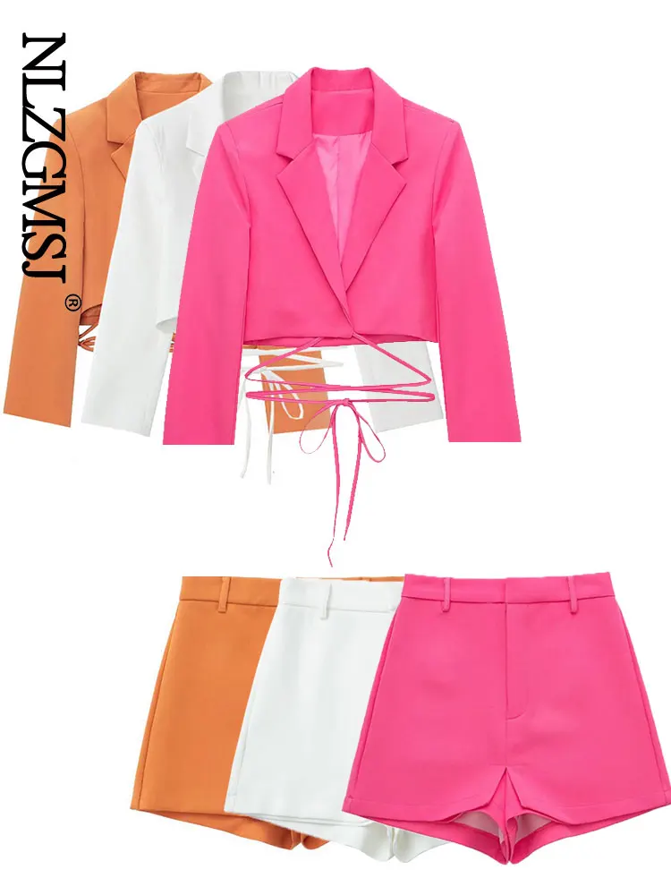 

Nlzgmsj Za Women 2022 Two Piece Cropped Blazer Skirt Set 2 Piece Sets Womens Outfit Skirt Femme Notched Lace Up Matching Set