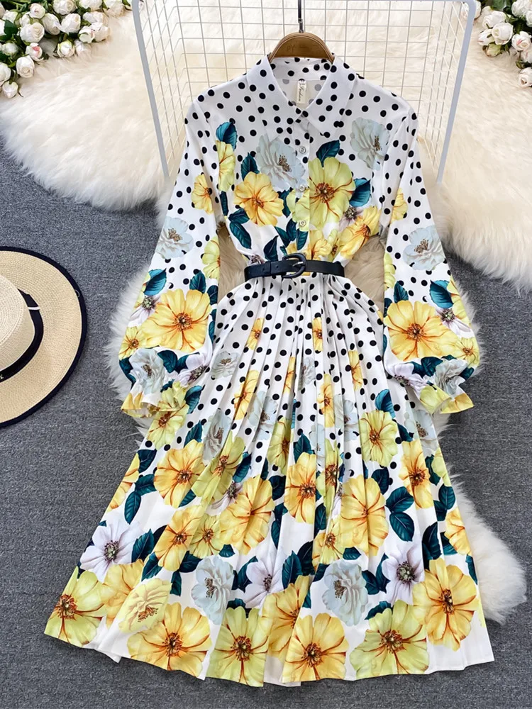 

Fashion Designer 2022 Spring Autumn Vintage Party Dress Women's Long Sleeve Dot Flower Print Yellow Midi Vestidos With Belt