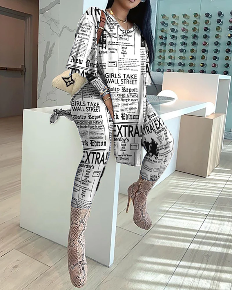 

Women's Casual Newspaper Print 2 Piece Suit 2022 Spring Autumn Long Sleeve Tops & High Waist Pants Fashion Streetwear Outfits