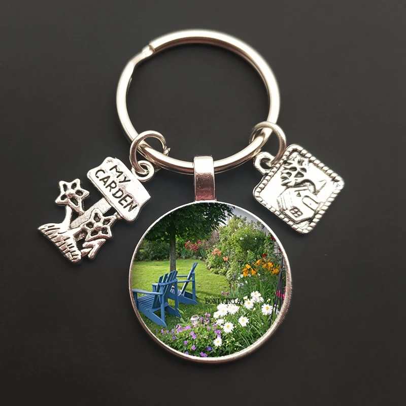 Новый брелок для ключей цветочного дома в стиле садового искусства, рисунок на стекле, цепочка для сумки, оберег для ювелирных изделий в подарок.