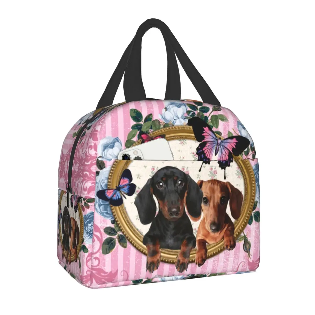 

Dachshund And Butterfly Portable Lunch Boxes Waterproof Wiener Sausage Dog Cooler Thermal Food Insulated Lunch Bag Office Work