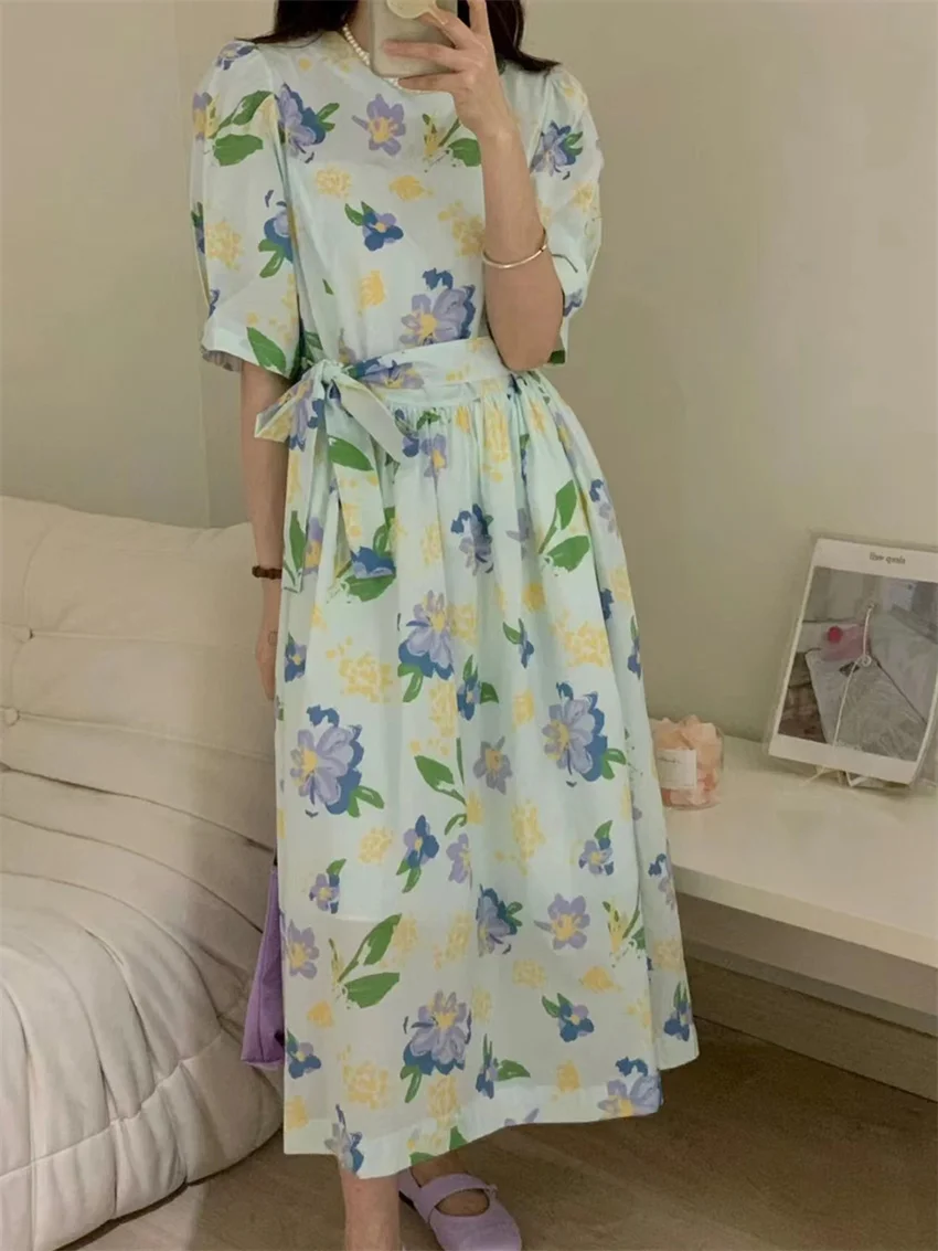 

Alien Kitty Sweet Flowers Long Dress Women Gentle Chic Printed Fashion Summer Loose High Waist Slim Casual Office Lady Retro