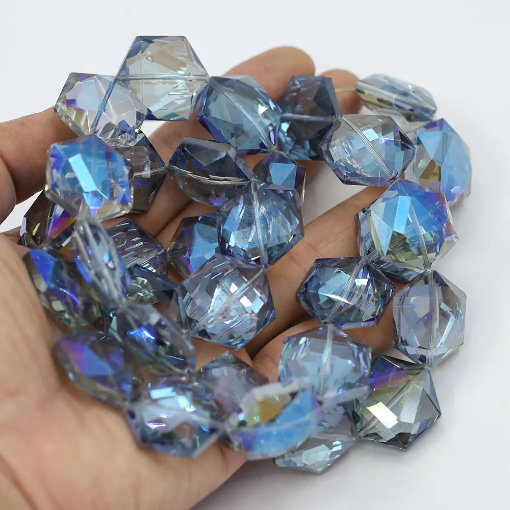 APDGG 23mm Natural Blue Crystal Glass Faceted Hexagon Nugget Loose Beads 30