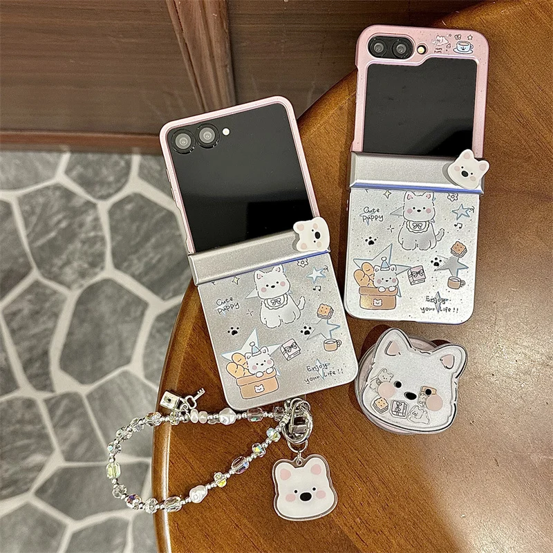 Фото Магнитный чехол для телефона Kawaii с рисунком щенка для Samsung Galaxy Z Flip 7, 6, 5, 4, чехол с цепочкой-подставкой, кавайные шарнирные чехлы Flip7 Funda №2