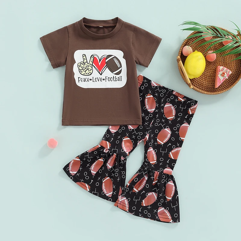 

Летняя одежда для девочек из 2 предметов, футболка с коротким рукавом с буквенным принтом + футболка с принтом с колокольчиками, Детский костюм