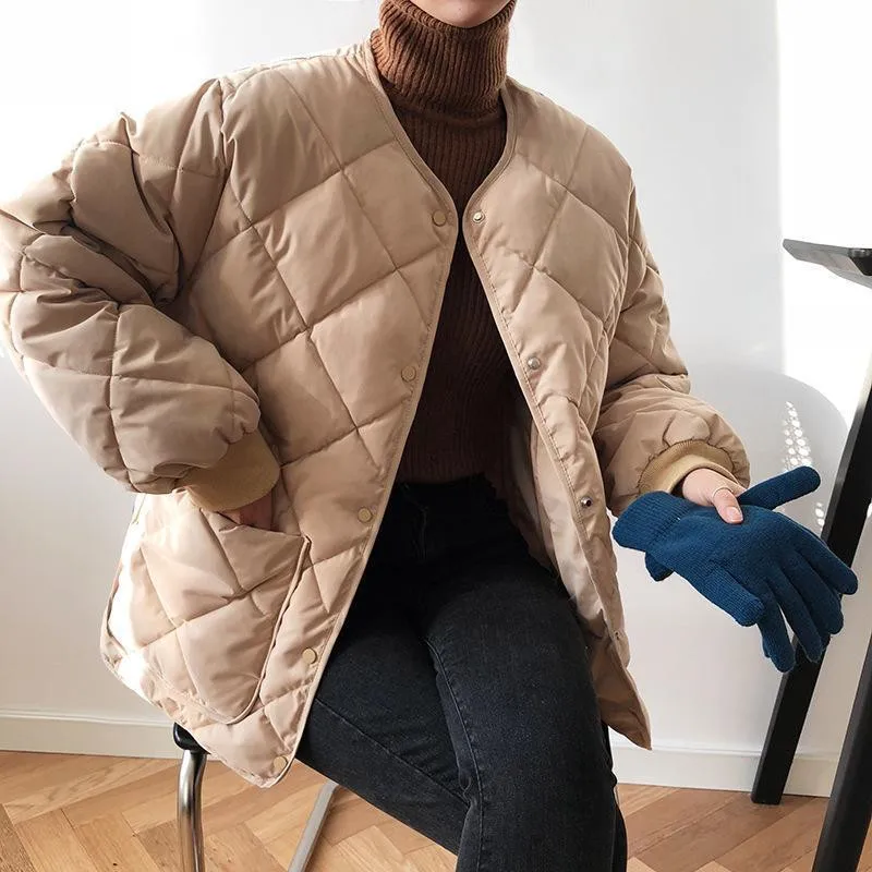 Women's Winter Solid Color Parka Coat Diamond Plaid Cotton Jacket Women's Korean Round Neck Thick Warm Bread Coat Women Coat