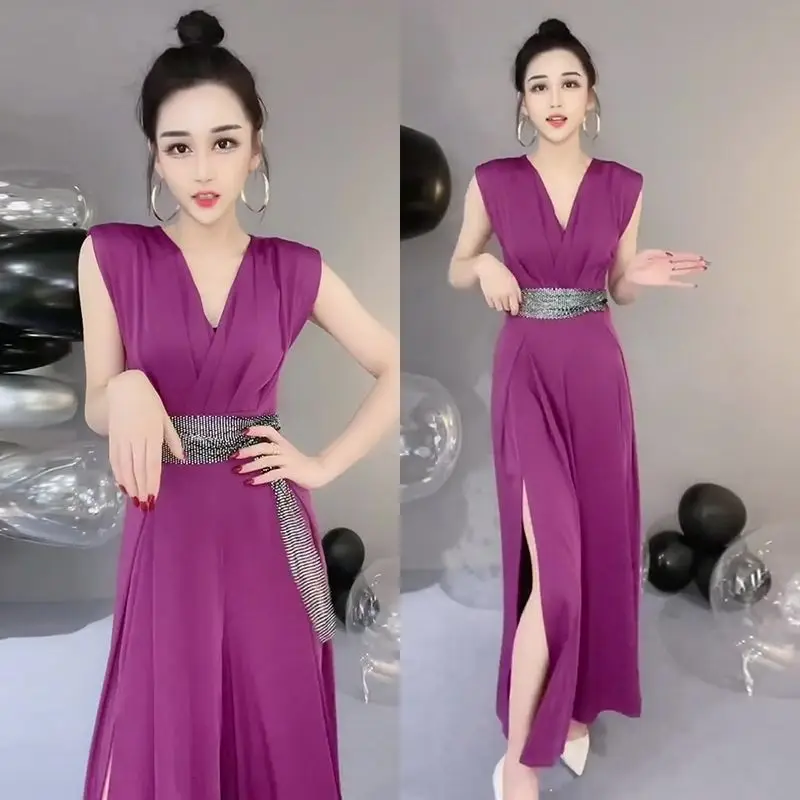 

Women 2022 Summer New Bandage High Waist Rompers Female V Neck Full Length Jumpsuit Ladies Casual Solid Elegant Playsuit M14