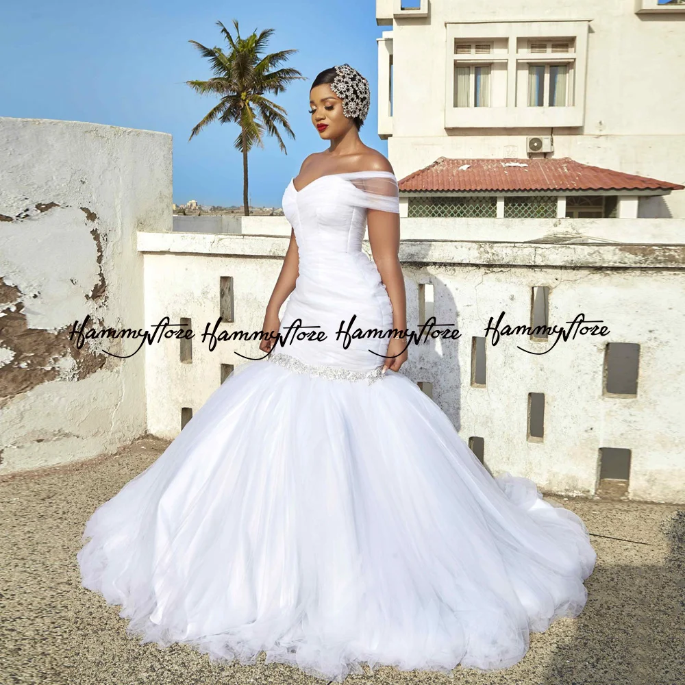 

Gorgeous Mermaid Wedding Dress One Shoulder Pleat Beading Sweep Train Soft Tulle Vestido De Noiva Africa Bridal Gown