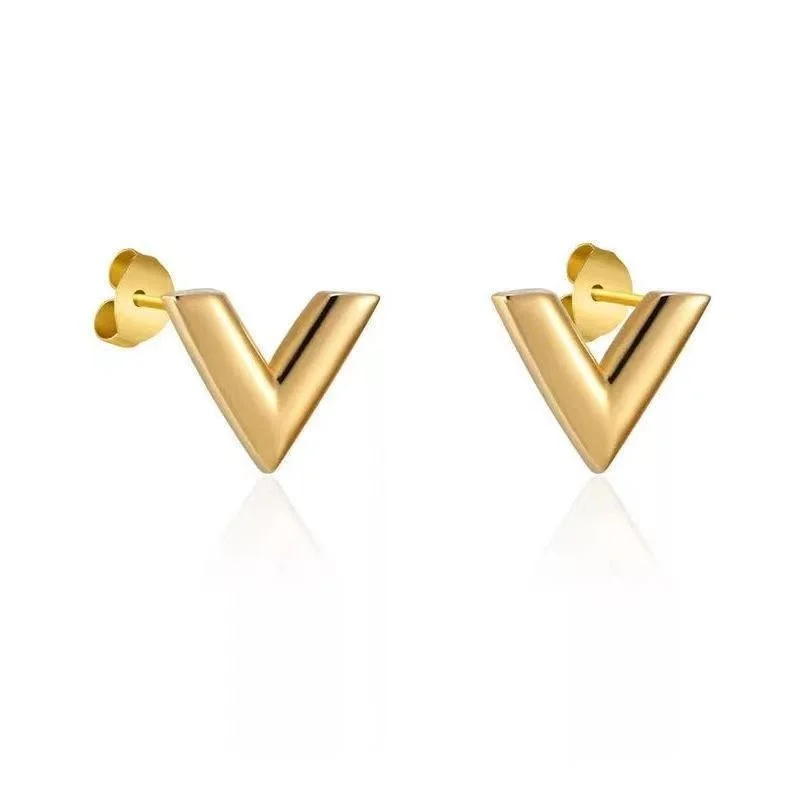 

Luxury Brand Jewelry Simple Design V Letter Earrings For Women Stainless Steel Gold-Color Elegant Party Stud Earrings KE002-1
