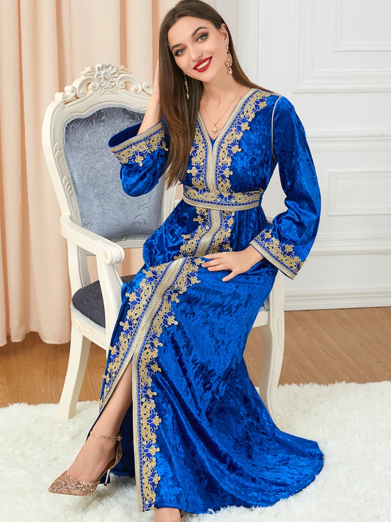 Muslim Clothes Women V-Neck Lace Tape Embroidery Long Sleeve Velvet Dress Belted Abaya Wedding Caftan Moroccan Ramadan
