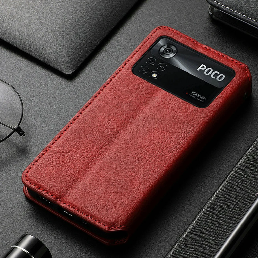 

Магнитный чехол-книжка для Poco X4 Pro, роскошный кожаный чехол-книжка с текстурой для Xiaomi Poco M4 Pro, чехол X 4 M 4X Capa