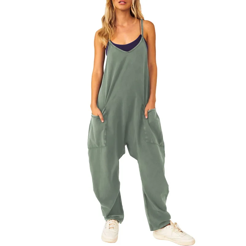 Women Summer Casual Jumpsuit Sleeveless Loose Wide Leg Rompers With Large Pocket Homewear One Piece Outfit Clothes