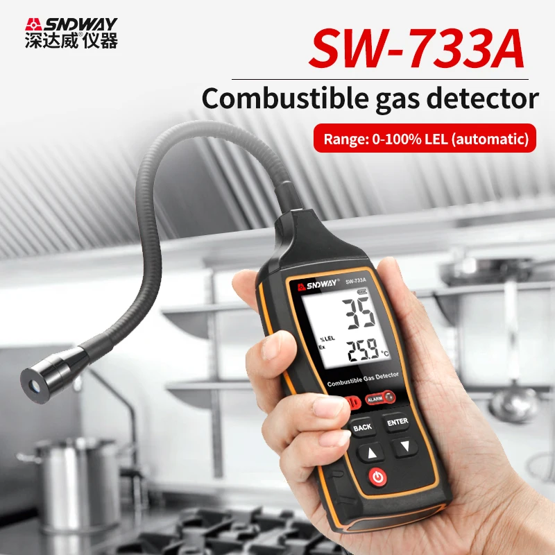 

SNDWAY Methane Leak Combustible Gas Detector SW-733A Propane CO Hexane Indicator Port Natural Gas Analyzer 0-100%LEL With Alarm