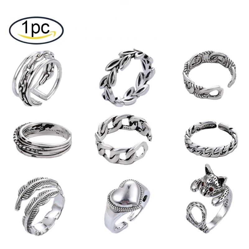 

1 PC Adjustable Brass Cuff Finger Rings Curb Chain Antique Silver