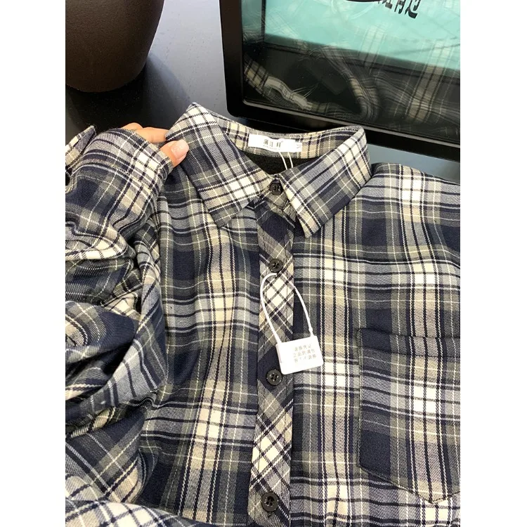 Рубашки в клетку стиле ретро женские осенние и зимние рубашки на флисовой