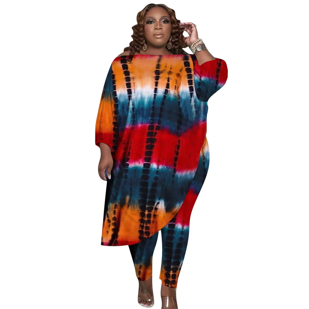 Plus Size Winter Two Piece Sets Women Clothing Tie Dye Loose Slash Neck Irregular Pant Suits Whol 3xl 4xl 5xl 6xl