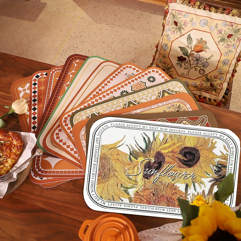 

Oil Painting Sunflower Leather Tableware Mat 2pcs Set Pastoral Style Western Dinner Mat Heat Insulation Non-slip Anti-oil Pad
