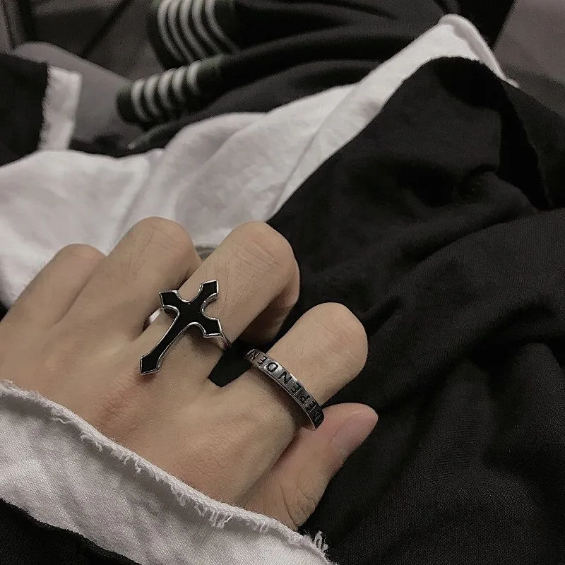 1PC Vintage Black Big Cross Open Ring For Women Party Jewelry Men Trendy Gothic Metal Color Finger New Year Gifts Wholesale - купить по