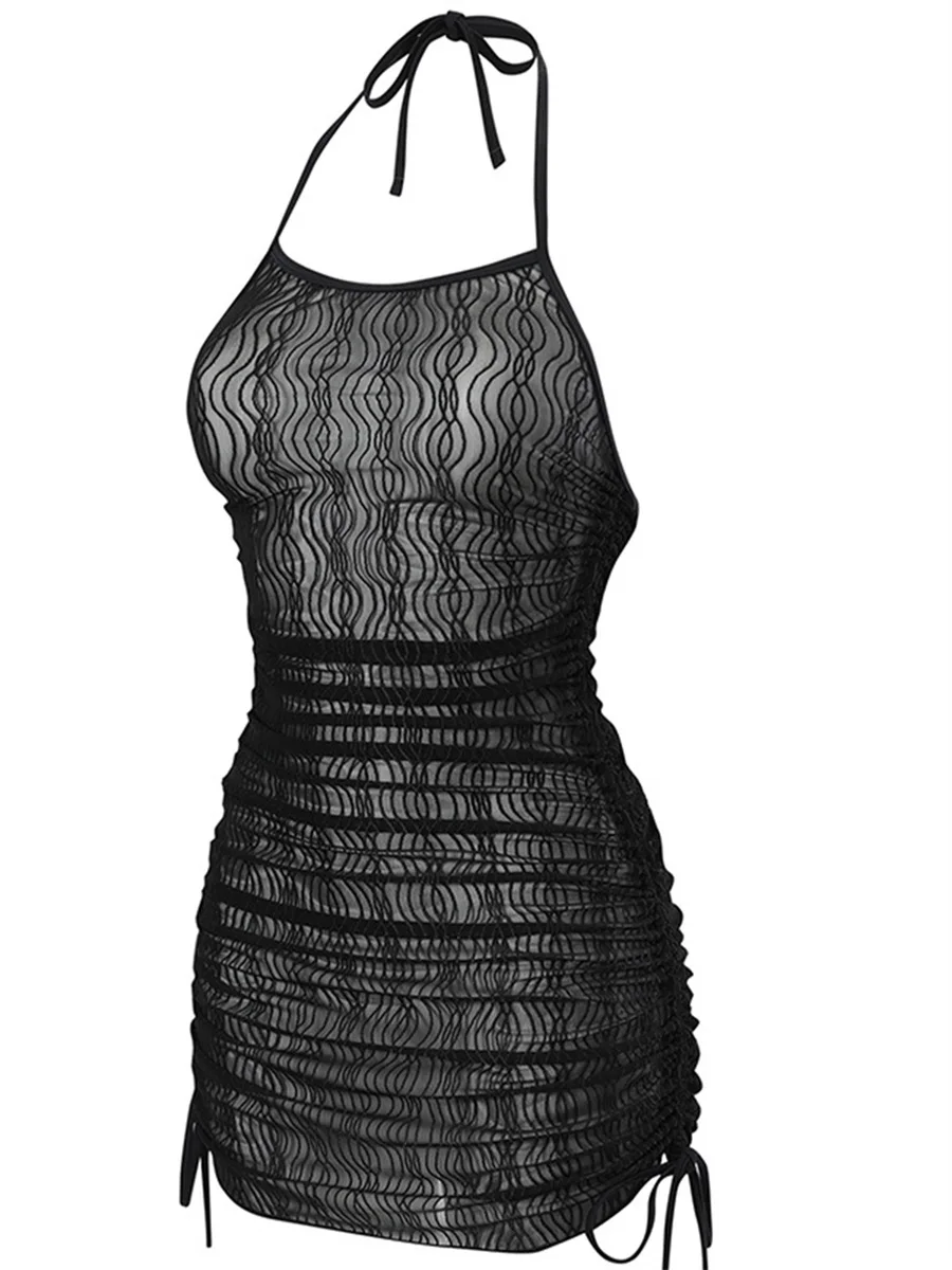 

LOSIBUDSA Women Crochet Bikini Cover ups Hollow Out Mesh Side Slit Tie Waist Fishnet Beach Tube Long Dress (4-Black L)