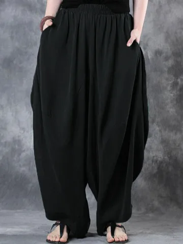 ZANZEA, винтажные свободные широкие брюки с эластичной резинкой на талии, женские осенние штаны-шаровары, хлопковые однотонные мешковатые штаны, большие размеры
