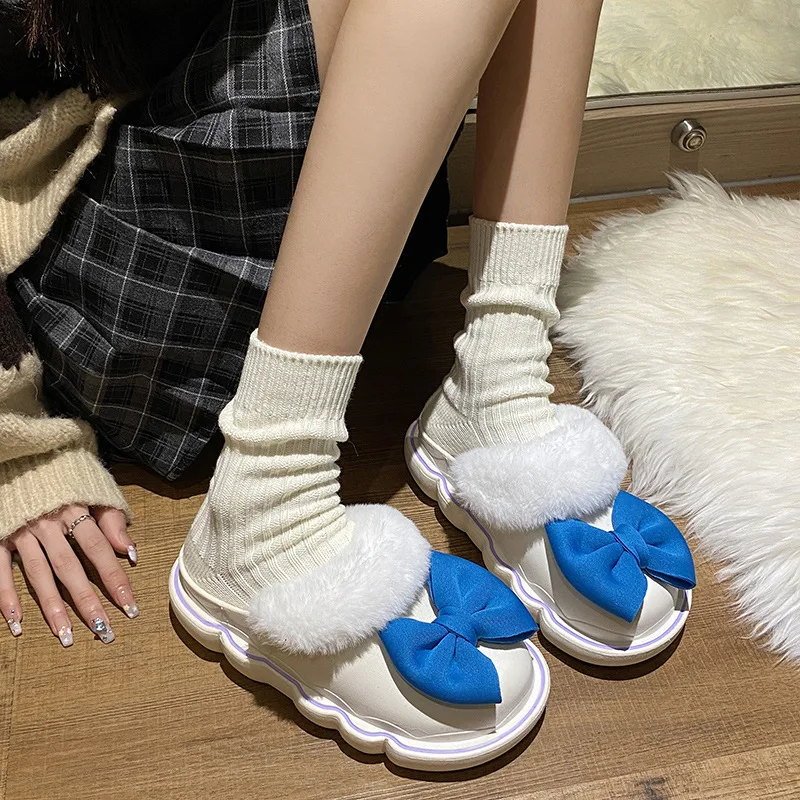 

Осень-зима 2023, новые плюшевые теплые женские тапочки на платформе с бантом для улицы и дома