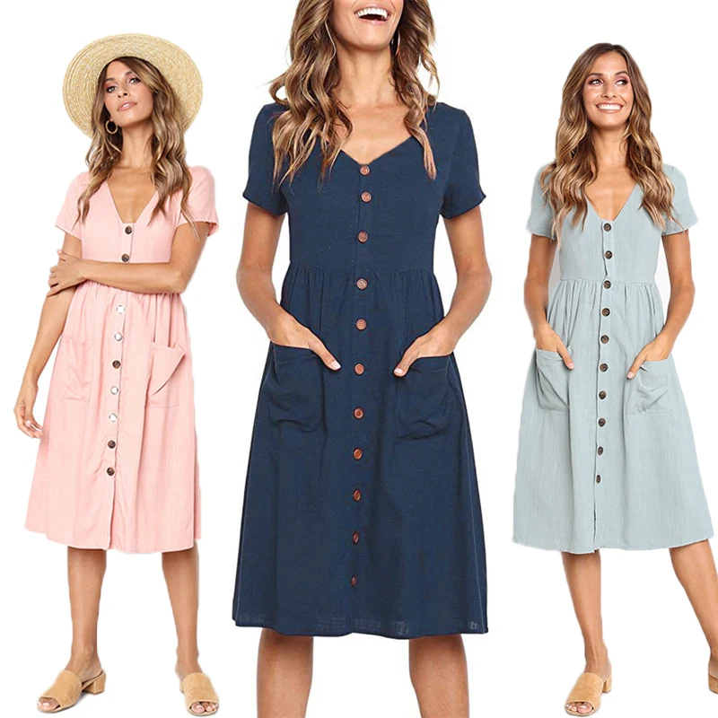 

Red Blue A Line Casual Dresses Women Summer Dress 2022 Vintage Short Sleeve Dress For Ladies Buttons V Neck Midi Vestidos Female