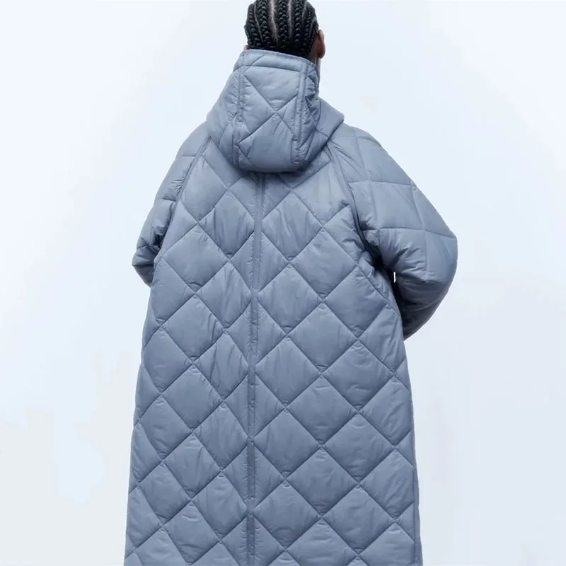 Woman Blue Hooded Parkas Coats Solid Casual Oversize Warm Big Pockets Mid-length Parkas Jackets Winter Thicken Outerwear Female