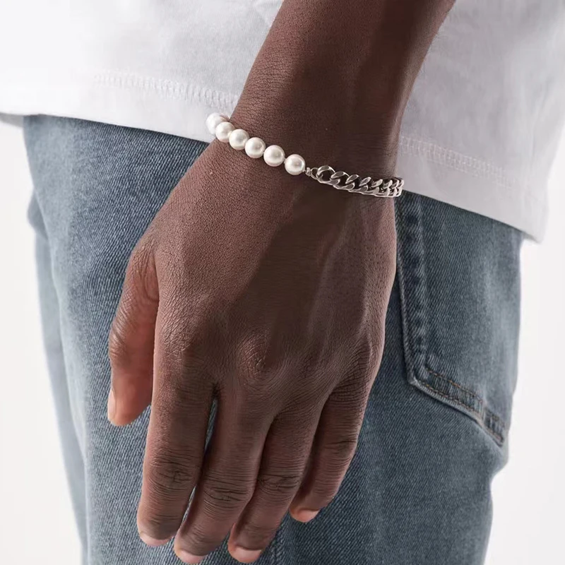 Браслет-цепочка мужской из нержавеющей стали с искусственным жемчугом шириной 7