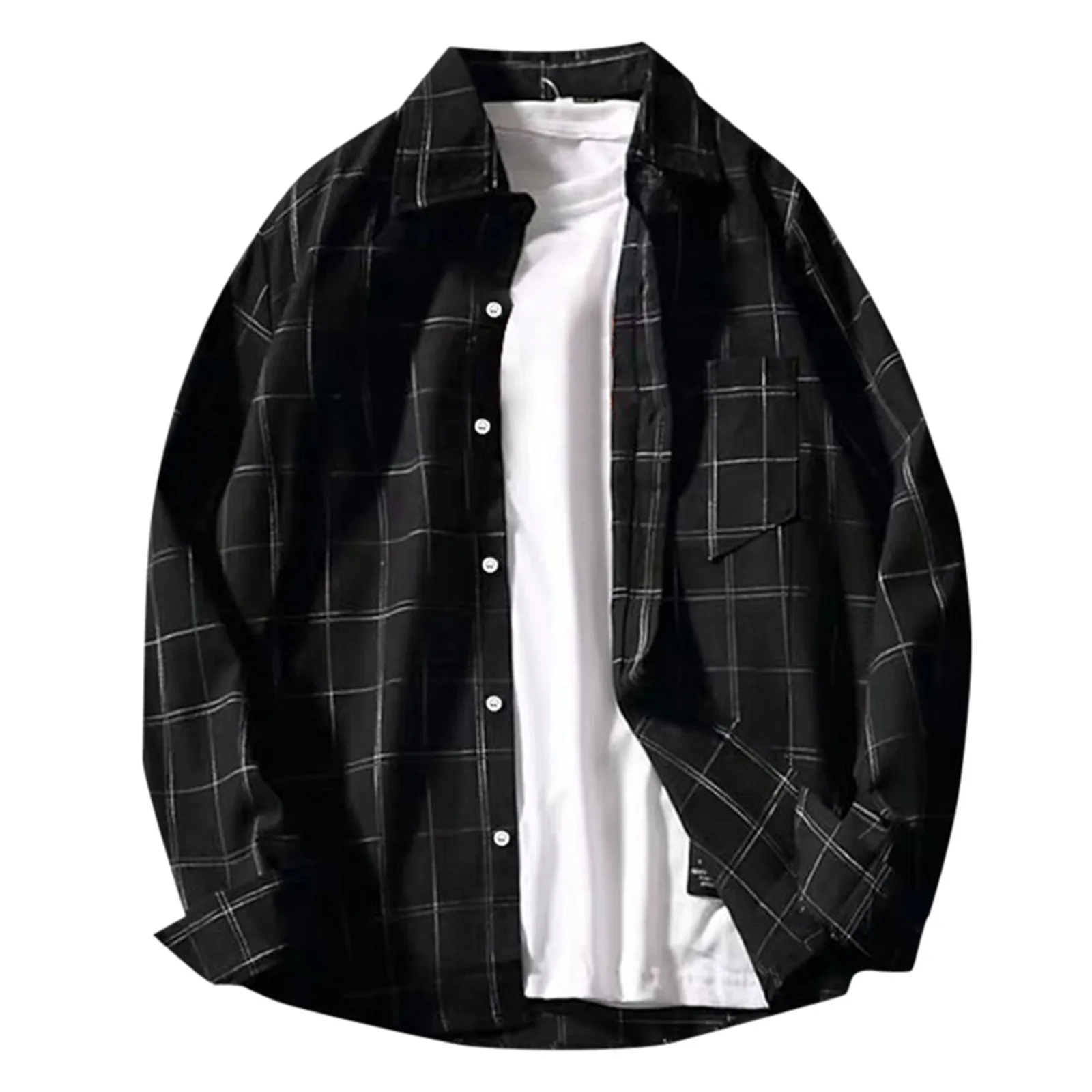 

Men Plaid Shirt Coat Striped Turn-Down-Collar Shirts With Pocket Long-Sleeve Button Cardigan Tops Casual Daily Wear Male Tunic