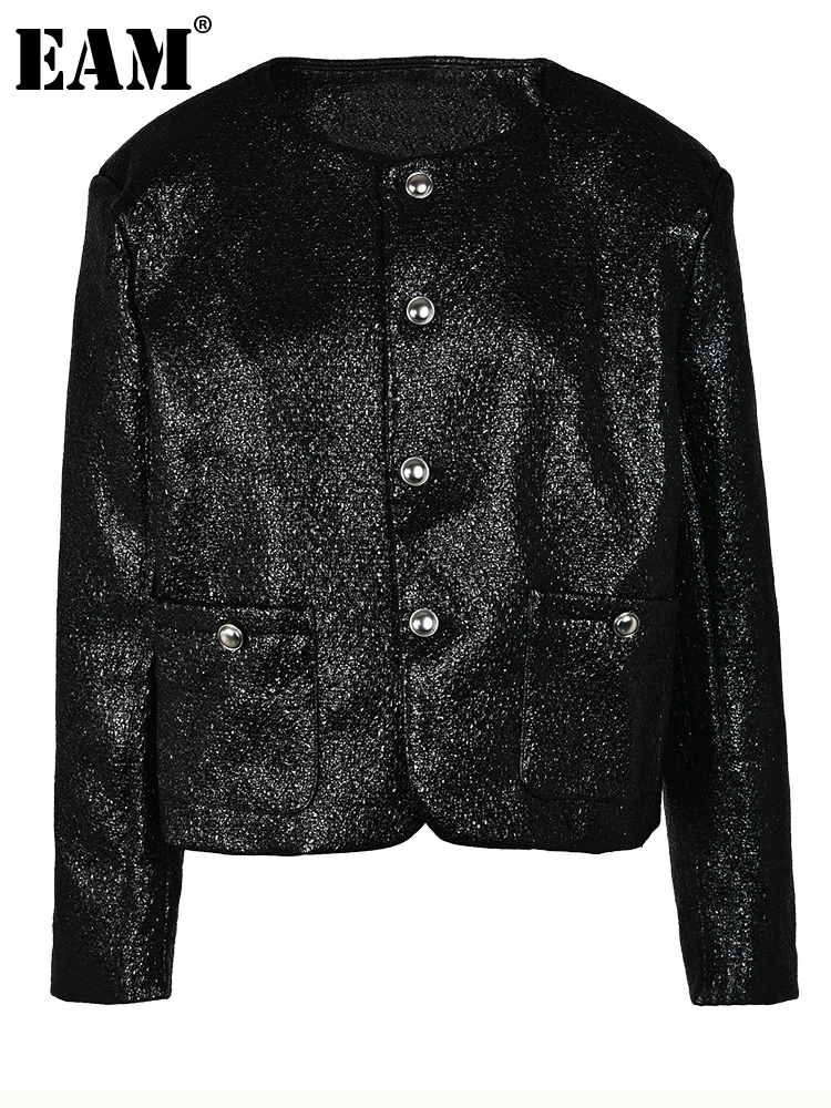 

[EAM] Loose Fit Black Pocket Elegant Big Size Jacket New O-neck Long Sleeve Women Coat Fashion Tide Spring Autumn 2023 CPG0482