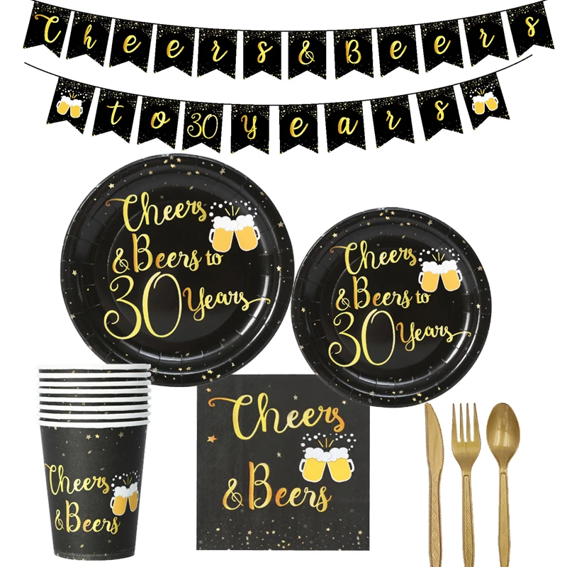 

Happy Birthday number party Tableware 30 40 50 60 70 80 90 year old Black Gold Cheers Beers Paper Plate cup napkin party decor