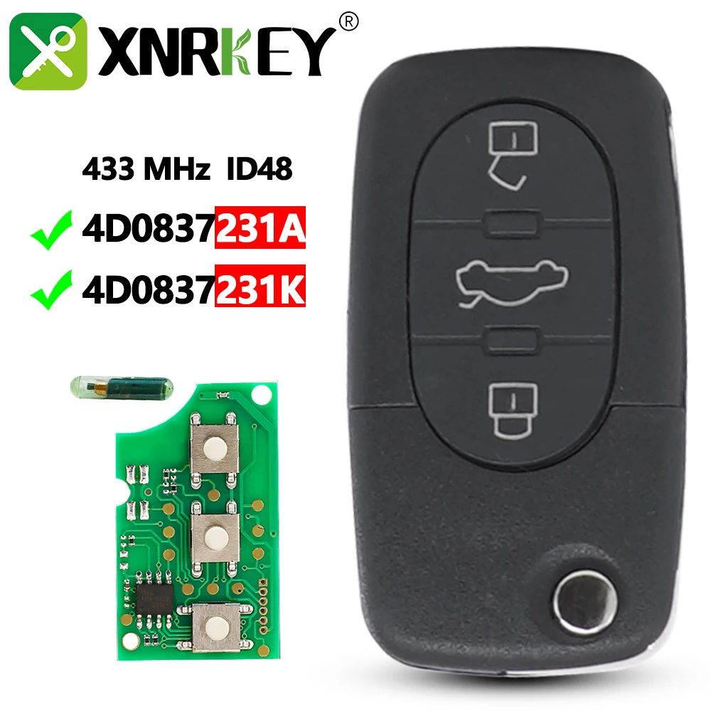 

XNRKEY 3 Button Car Remote Key ID48 Chip 433Mhz for Audi A3 A4 A6 A8 TT RS4 Quattro 1994-2004 4D0837231A 4D0837231N 4D0837231K