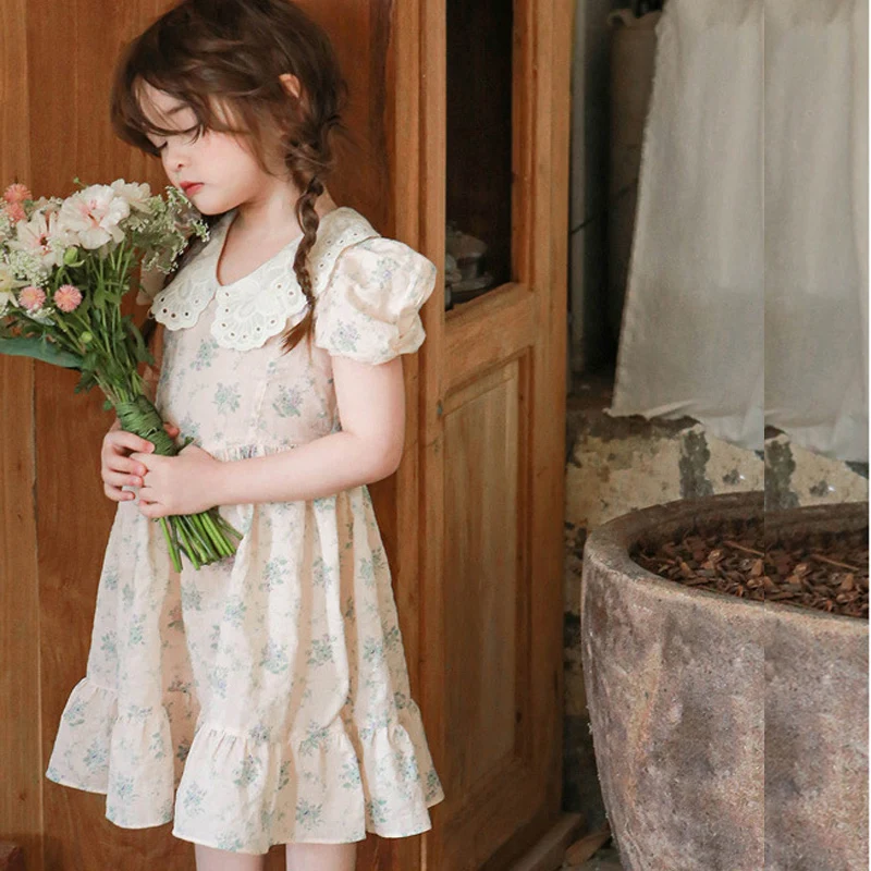 

Платье с цветочной вышивкой для девочек от 2 до 12 лет, новинка 2023, Детская летняя тонкая одежда, детские платья принцессы, платья с оборками и воротником с лацканами