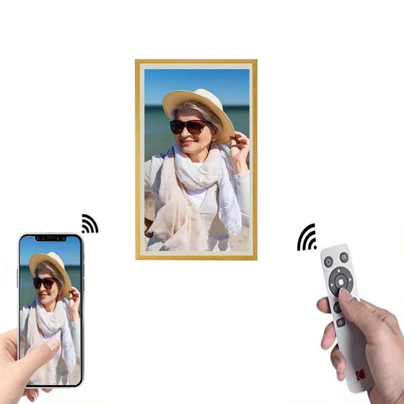 Фото Оптовая продажа цифровых фоторамок 4K с матовым IPS-экраном 21.5/23.8/27/32 дюйма, настенные, в деревянной рамке, для NFT-дисплеев, с сенсорным экраном №3
