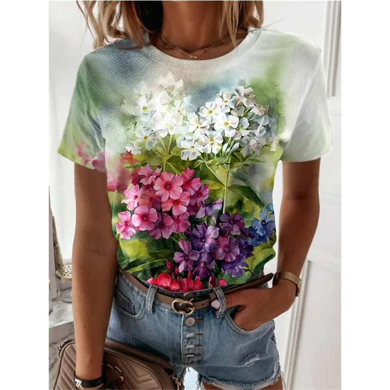 

NOVEDAD DE VERANO 2022, camiseta floral de manga corta para mujer, camiseta de moda con cuello redondo y estampado 3D, camiseta